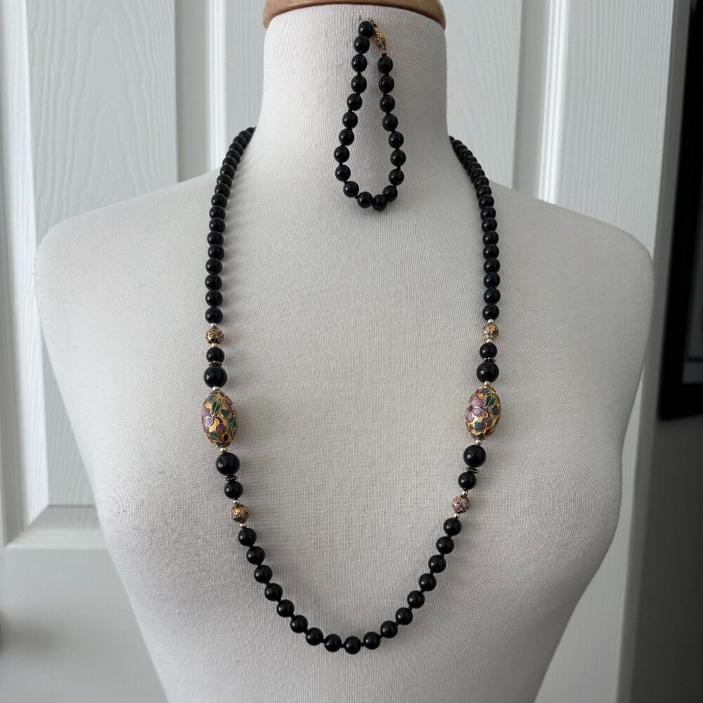32” Black Onyx Bead and Cloisonne Bead Necklace and Bracelet Set